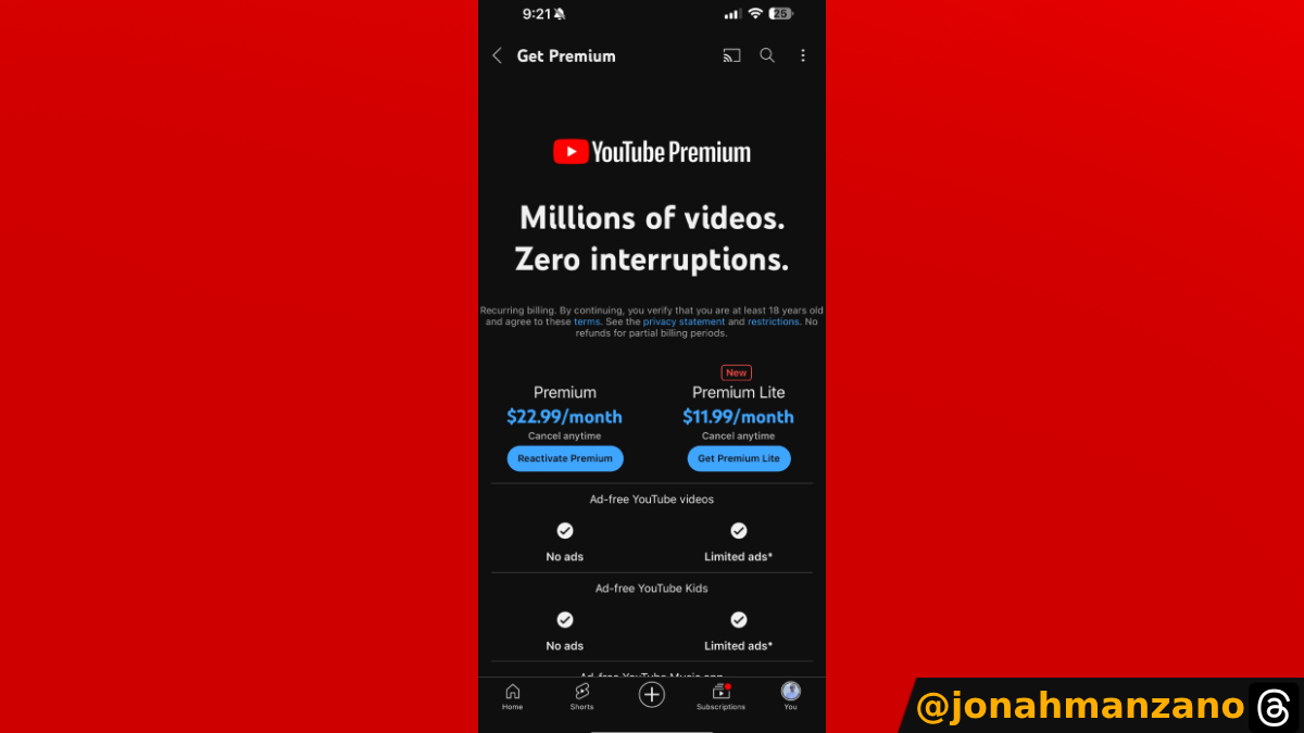 Yenilenen YouTube Premium Lite Aboneliği