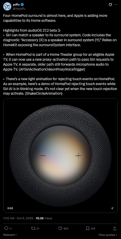 Apple TV 4K Dört HomePod ile Çevresel Ses Desteği Sunacak